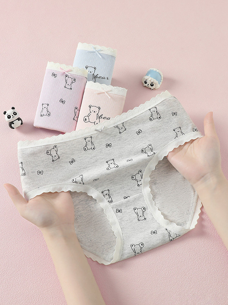 Cute ribbed women’s underwear with teddy bear print in pastel colors