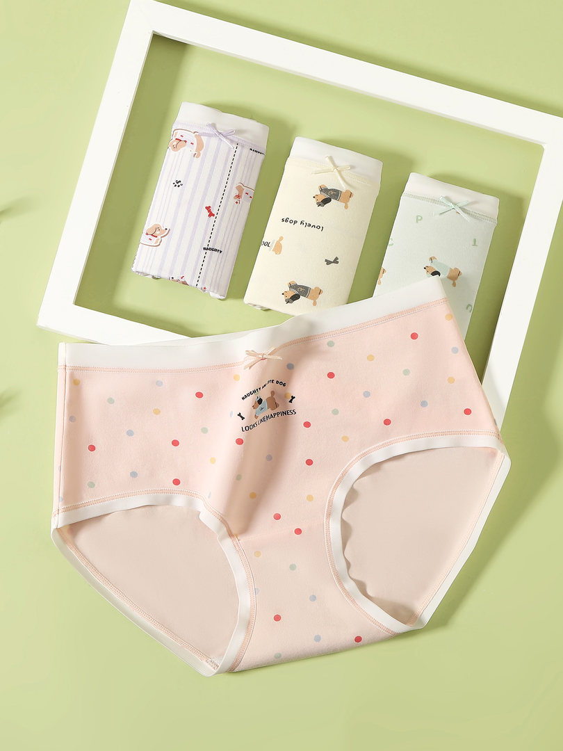 Flat-lay of pastel patterned women’s underwear briefs