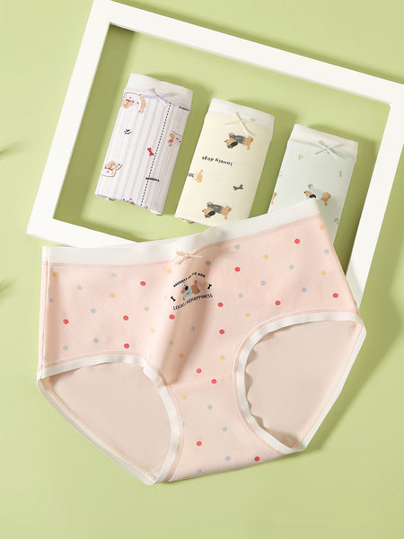 Flat-lay of pastel patterned women’s underwear briefs