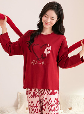 芬腾可安鸿运新年长袖睡衣女士新款纯棉本命年女红色大码圆领套装