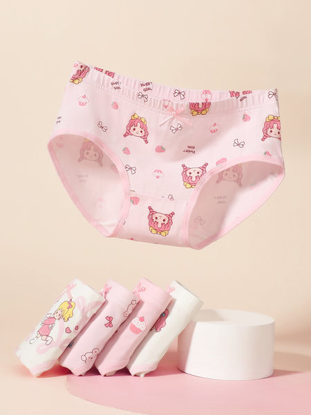 Pink printed women's briefs with cartoon and bow pattern displayed on a pastel background