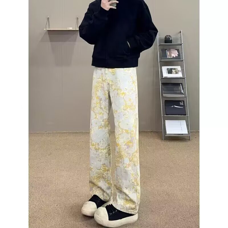 设计感印花直筒牛仔裤男女春秋季新款百搭宽松显瘦阔腿长裤潮裤子