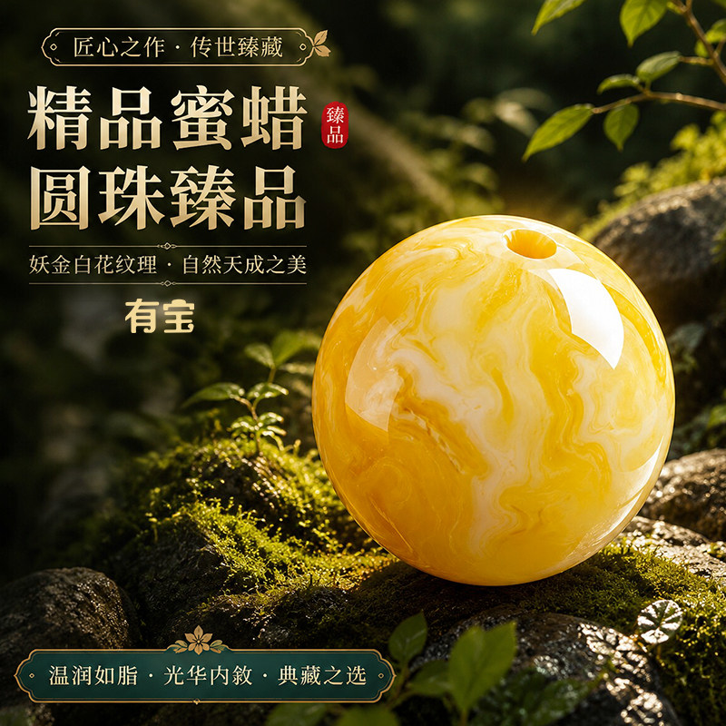 二代天然蜜蜡单珠保真鸡油黄单颗琥珀飘花文玩配饰配珠金刚佛珠