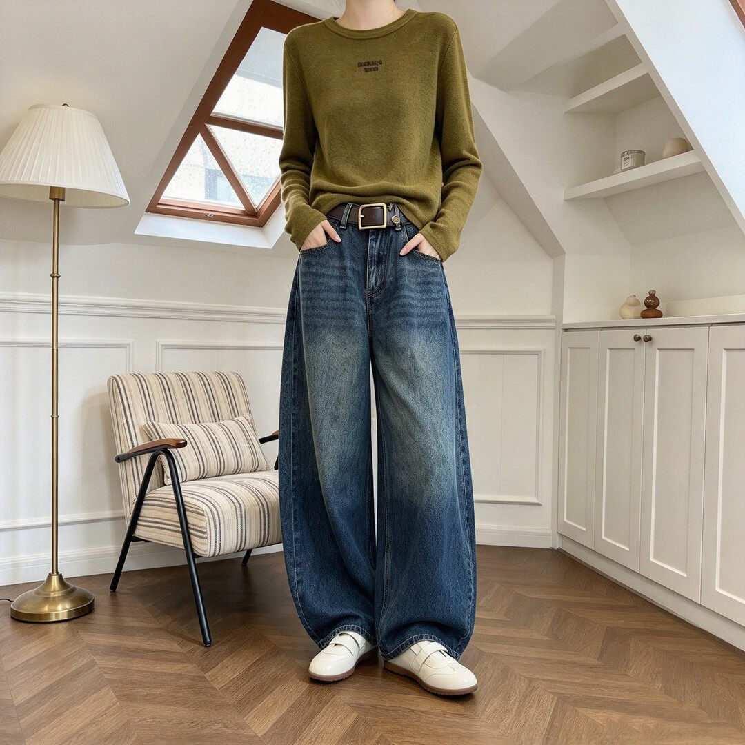 复古蓝高腰阔腿牛仔裤女大码