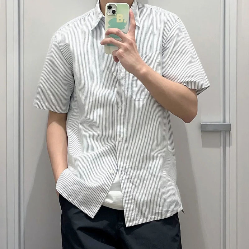 试衣间 2024夏季男装麻棉条纹衬衫休闲商务短袖外套衬衣457774