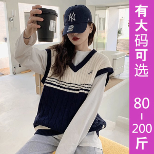 学院风无袖马甲女秋季设计感小众日系叠穿针织毛衣背心大码胖妹妹