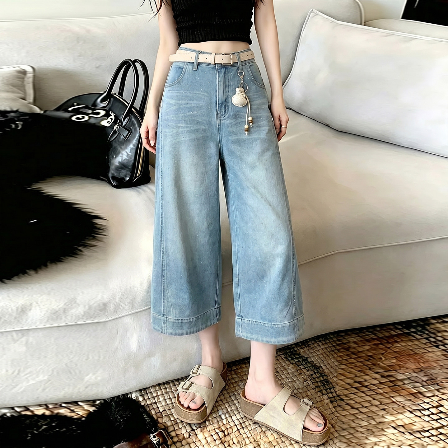 浅色水洗阔腿烫钻八分牛仔裤女2026高腰垂感显瘦直筒中裤配腰带潮