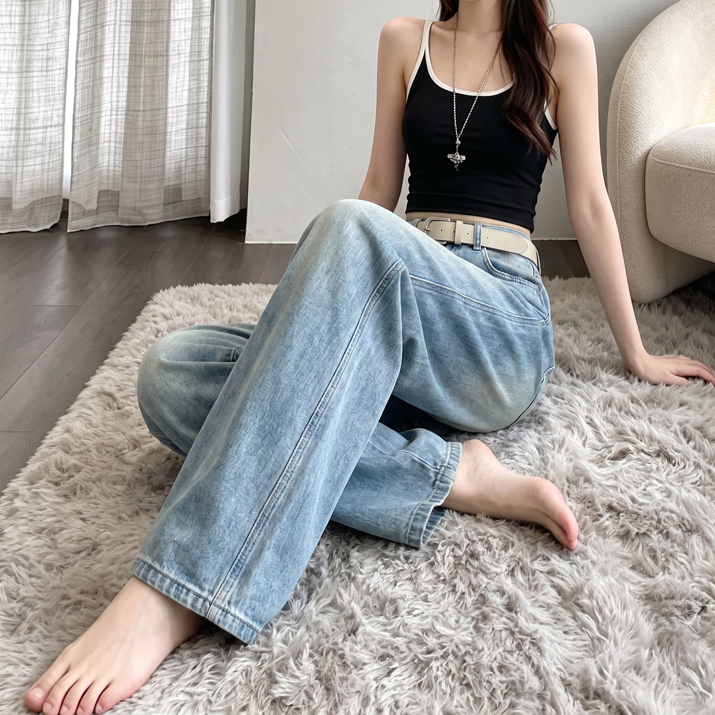 美式牛仔裤女小个子2026夏季新款长裤薄款裤子宽松阔腿弯刀裤