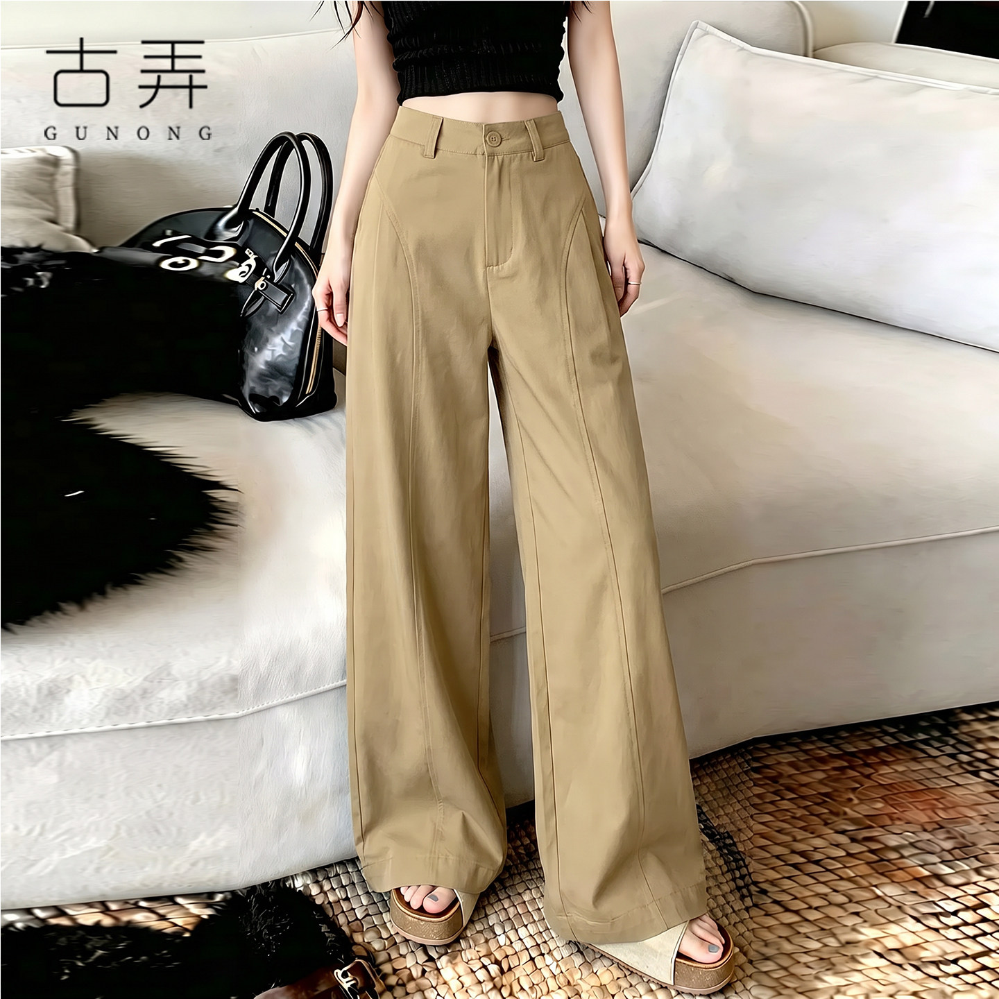 立体分割压线阔腿裤高腰修饰腿型微胖女生潮流百搭垂顺休闲直筒裤