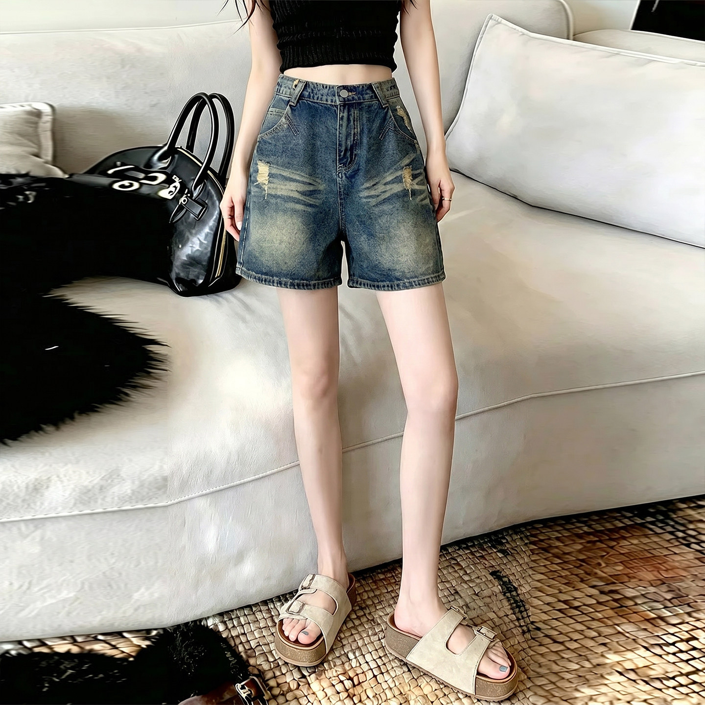 美式复古做旧破洞牛仔短裤女2026夏季薄款高腰宽松显瘦直筒热裤潮