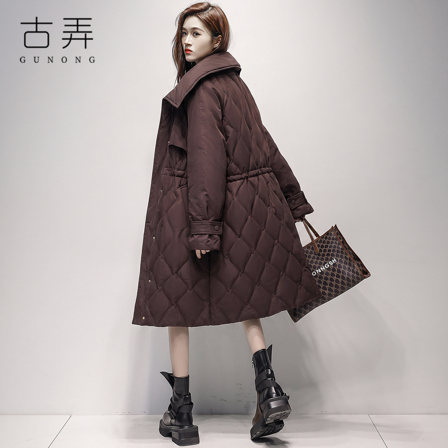单排扣大翻领鹅绒服2026冬季收腰抽绳菱格绗缝中长款通勤风衣外套