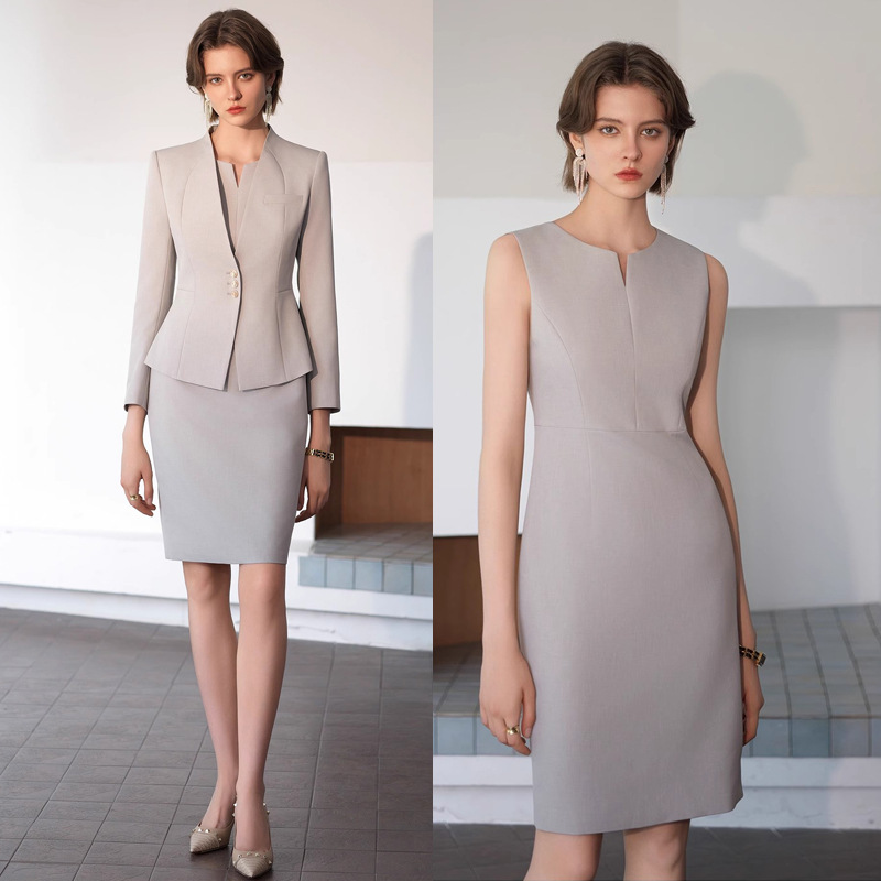 AD西装外套女气质小个子浅色职业内搭连衣裙两件套总裁范经理工装