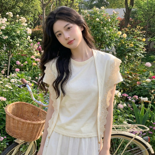 温柔风纯色T恤法式蕾丝披肩女2026夏季新款小个子气质圆领上衣潮