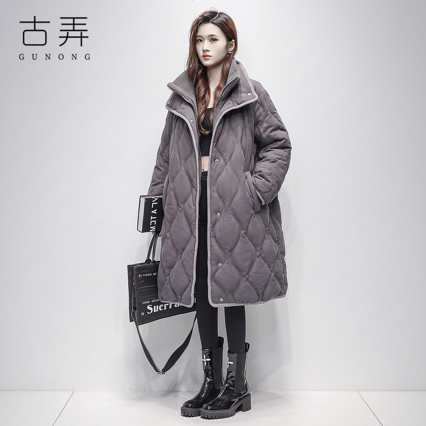 双层领羽绒服女中长款2026冬季新款文艺范宽松立领假两件大衣外套