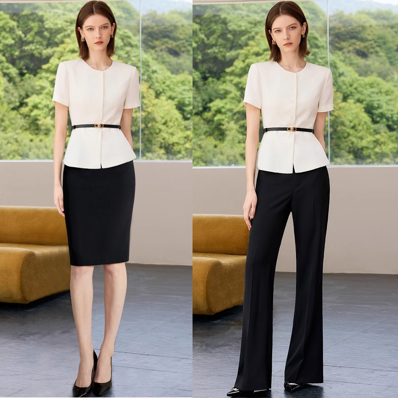 AD高级感职业套装女神范气质工服2025夏季新款短袖白色西装两件套