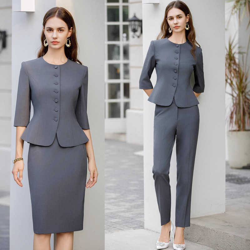AD职业气质工作服2024年春款女装中袖西装套装女士职业装灰色西裤