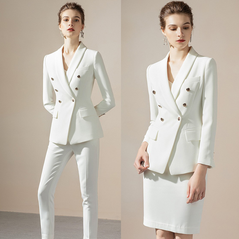 AD春新名媛职业装白色双排扣西装套装时尚气质职场正装商务女装OL