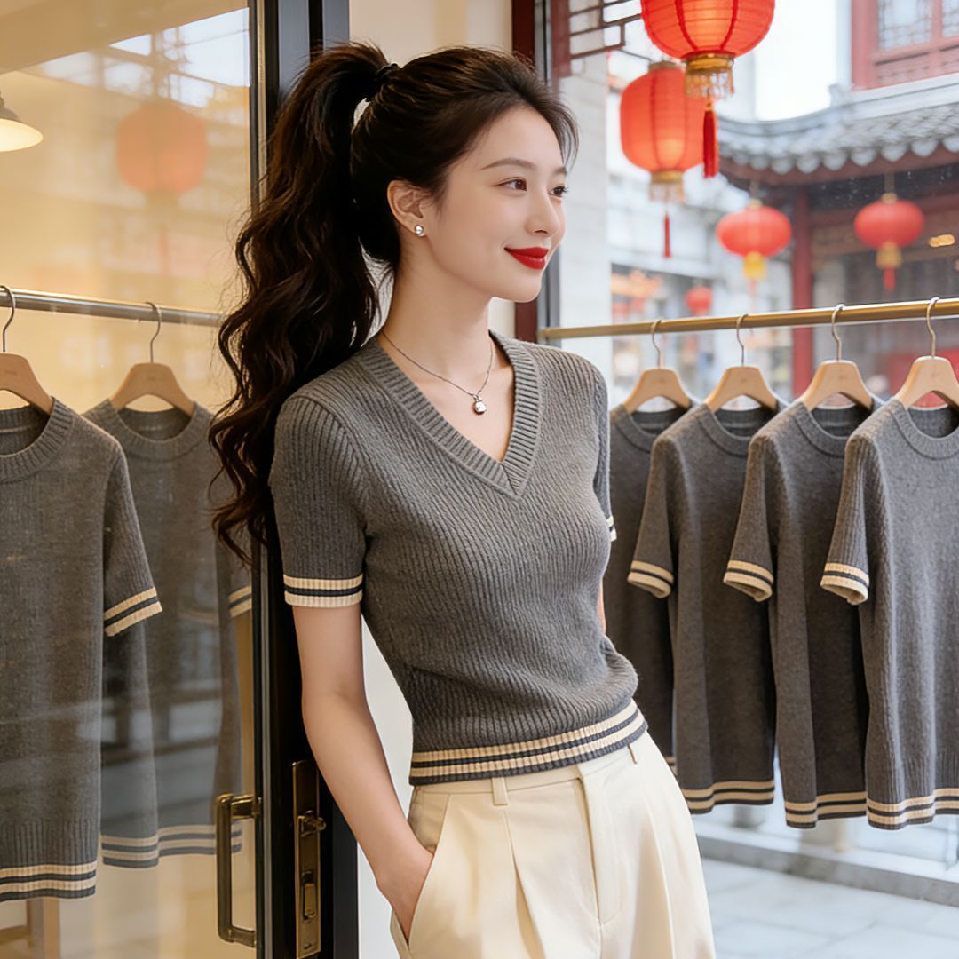 微胖mm穿搭复古chic洋气短袖针织衫夏季新款好看韩版显瘦上衣女