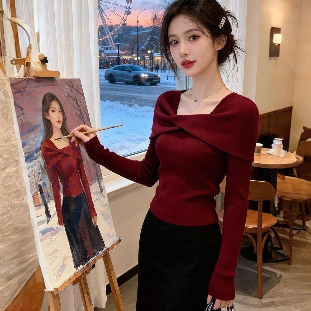 法式交叉扭结针织衫女红色一字肩套头长袖上衣轻熟优雅风