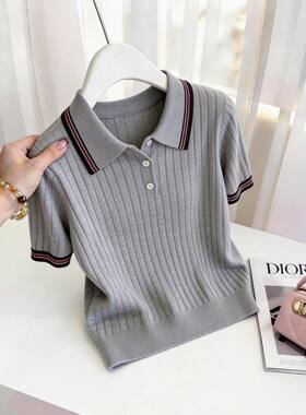 夏季冰丝POLO领短袖T恤女显瘦