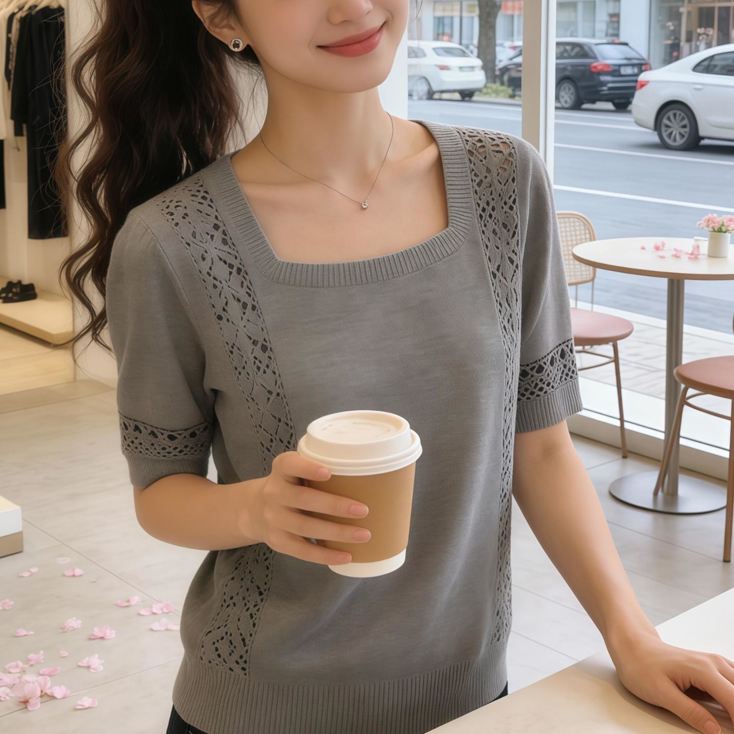 韩系ins胖MM洋气方领短袖纯色针织衫女夏季新款超好看显瘦上衣女
