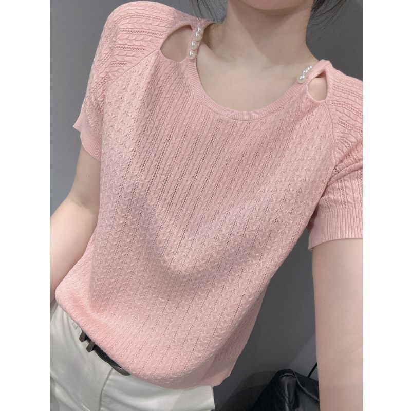 夏季新款欧货钉珠冰丝针织衫短袖女欧洲站气质宽松显瘦露锁骨上衣