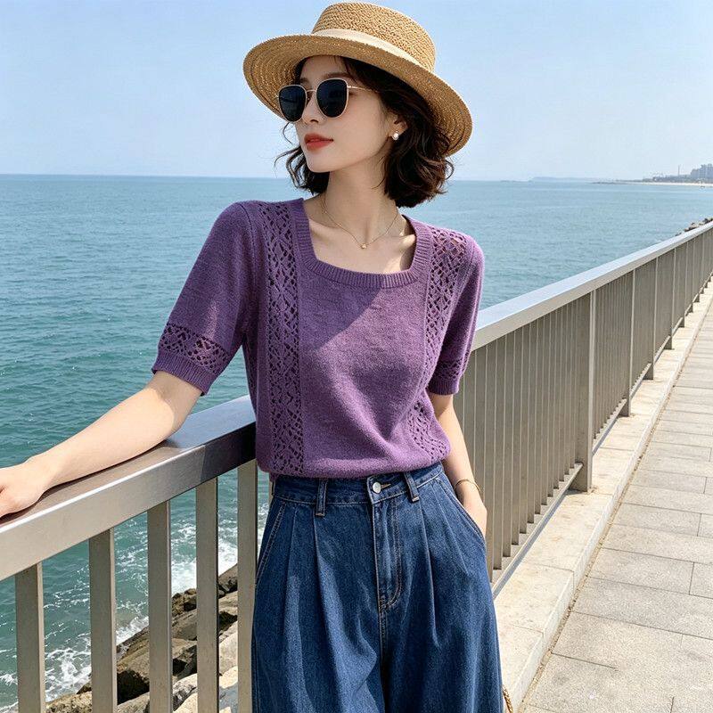 镂空针织衫女夏季新款显瘦百搭温柔风气质通勤小众设计感短袖上衣