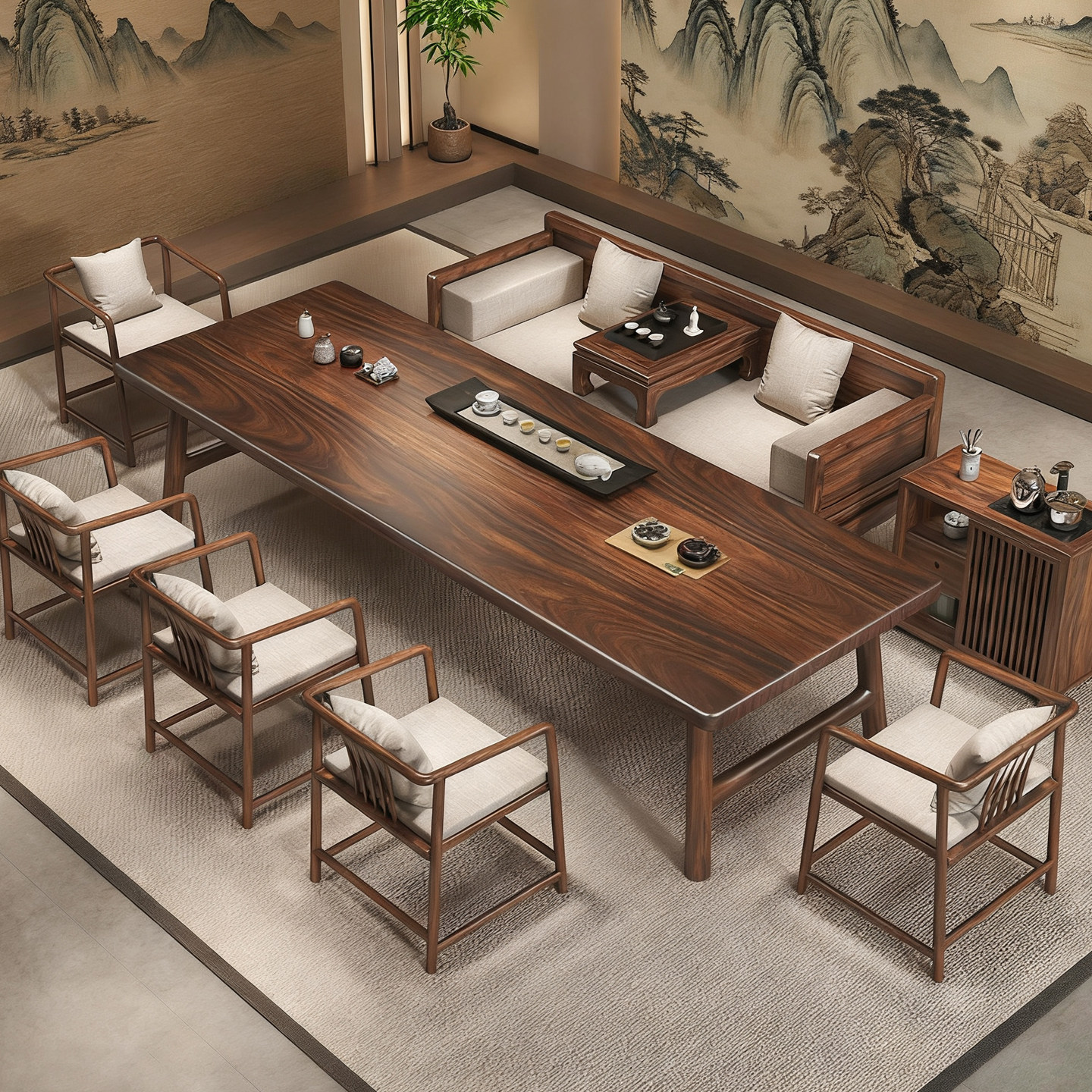 2026新款胡桃木罗汉床茶桌椅组合办公室客厅新中式实木喝茶泡茶桌