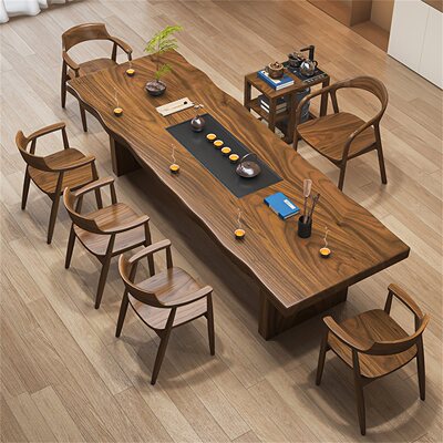 新中式胡桃木实木大板茶桌椅组合