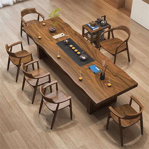 新中式胡桃木实木大板茶桌椅组合