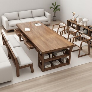 实木大书桌书架一体带抽屉学习桌阅读桌去客厅化家用长桌子工作台