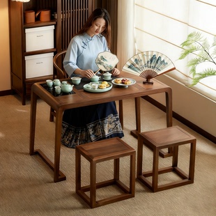 老榆木茶桌椅实木阳台茶台小户型家用茶桌北美胡桃木泡茶桌椅组合