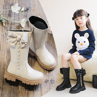 女童高筒靴2024秋冬新款时尚儿童长筒皮靴中大童马丁靴公主风长靴