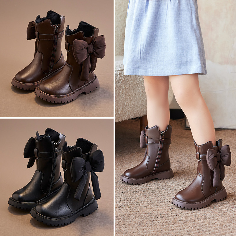 女童靴子秋冬季加绒公主靴软底中筒靴蝴蝶结皮靴长靴儿童2024新款
