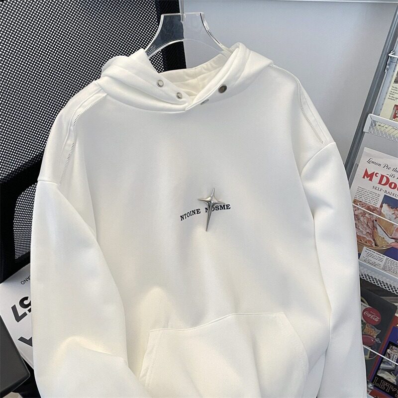 美式复古oversize连帽卫衣男女款2024潮牌高街小众设计感情侣上衣