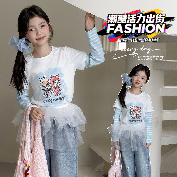 女童韩版春款假两件卡通印花长袖白色T恤儿童圆领拼接可爱风上衣