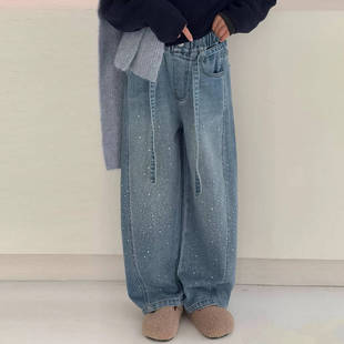 女童春季牛仔裤2025冬季新款初中生满天星烫钻阔腿裤儿童加绒裤子