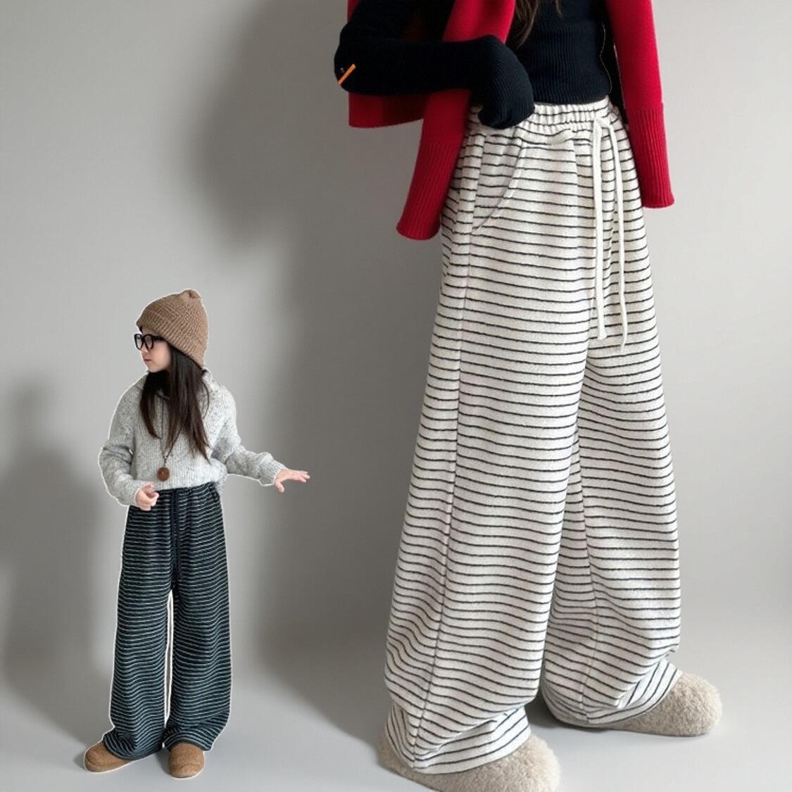 女童洋气条纹休闲直筒裤儿童宝宝秋冬韩版百搭长裤系带保暖阔腿潮