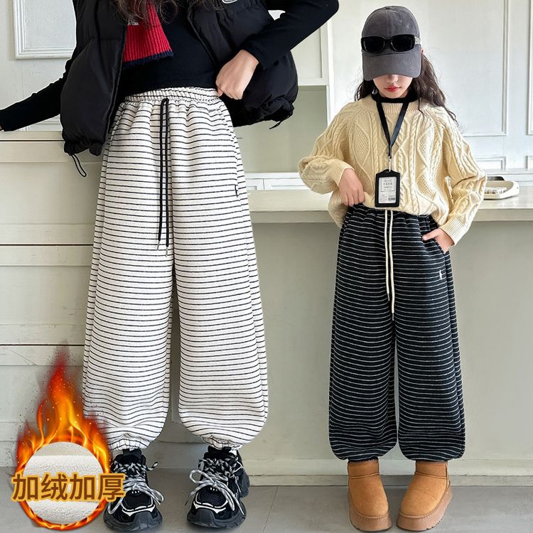 女童冬款休闲裤条纹羊驼绒束脚裤