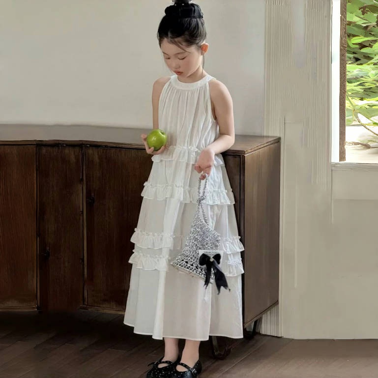 韩版童装女童度假风连衣裙2025夏洋气儿童荷叶边公主礼服挂脖长裙