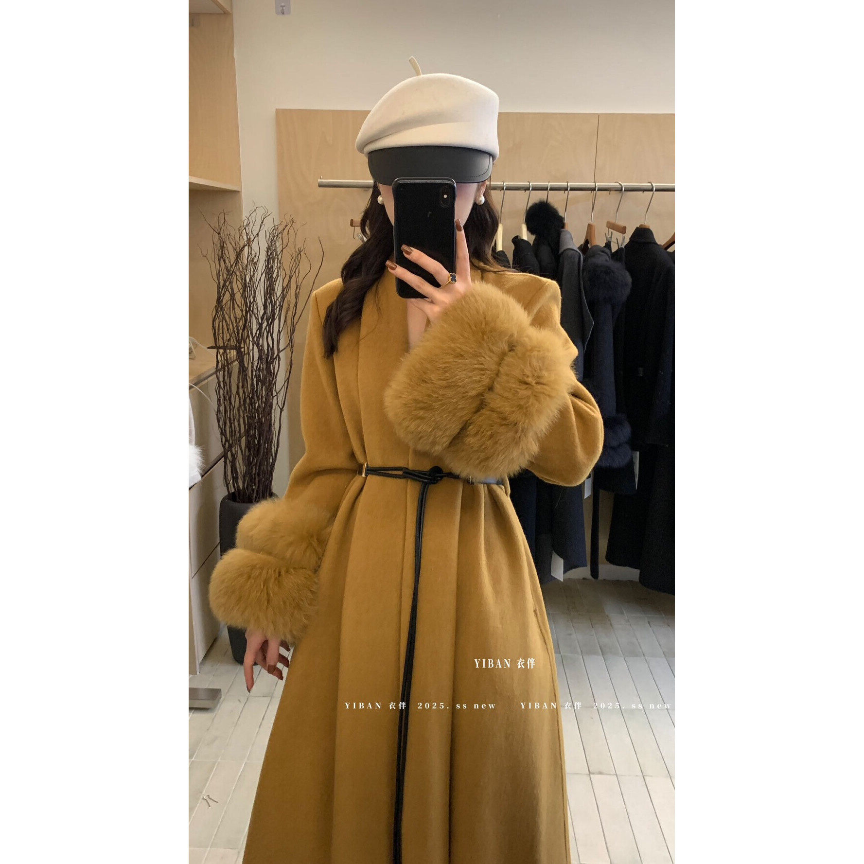 高级感毛呢外套女2025初秋新款狐狸毛袖收腰中长款大衣温柔风