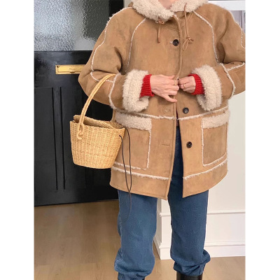 韩国bre*the 复古宽松设计款拼接皮毛一体羊羔毛加厚中长款外套冬