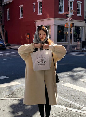 韩国东大门OUN*CE宽松气质温柔纯色翻领通勤苏力羊毛中长大衣外套