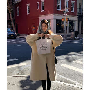 韩国东大门OUN*CE宽松气质温柔纯色翻领通勤苏力羊毛中长大衣外套