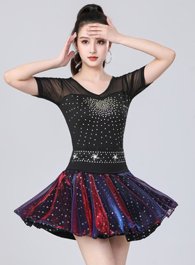吉特巴新款烫钻短袖上衣拉丁舞蹈服广场舞服套装三步踩跳舞短裙子