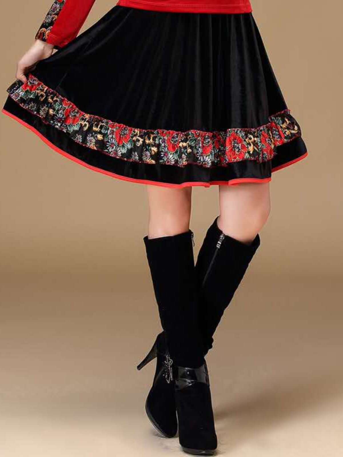 裙裤拉丁跳舞裤子秋冬广场舞服装女练功舞蹈裤长裤大摆裙绒金丝