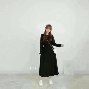 2024秋冬韩版条纹气质过膝大摆裙纯色简约时尚藏肉显瘦A字裙女