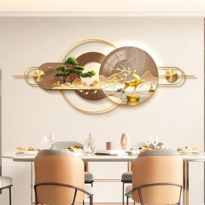 餐厅立体壁画新中式寓意好led氛围灯画铁艺金属墙面装饰挂画新款