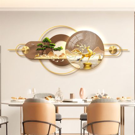 餐厅立体壁画新中式寓意好led氛围灯画铁艺金属墙面装饰挂画新款