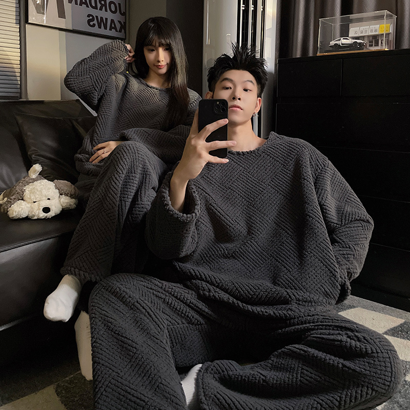 Gukoo/果壳秋冬季新款情侣睡衣女珊瑚绒法兰绒加厚保暖男士高级感